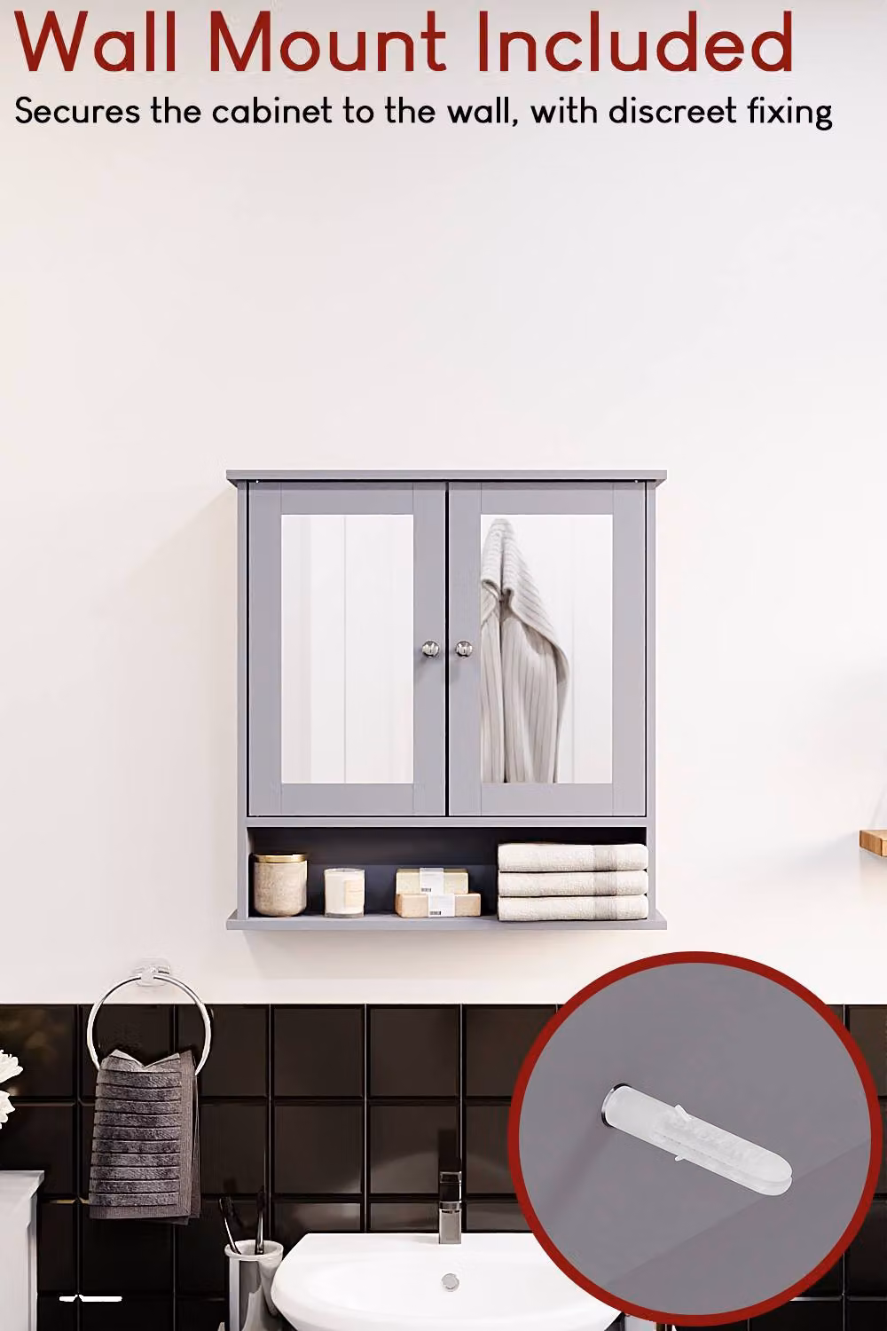 HD Designs Priano 2 Door Mirrored Wall Cabinet with Internal Shelves in Dark Grey, W/D/H: 58 x 13 x 56 cm – 4