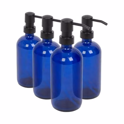 Harbour Housewares Blue Glass Soap Dispensers, Pack of 4, 500ml Refillable Bottles with Black Pumps – 1