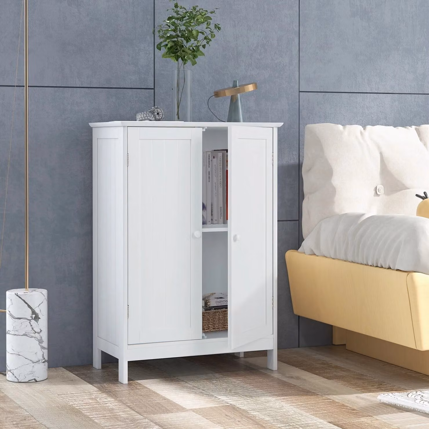Costway White Freestanding Bathroom Floor Cabinet with Hinged Doors and Internal Shelves – 2