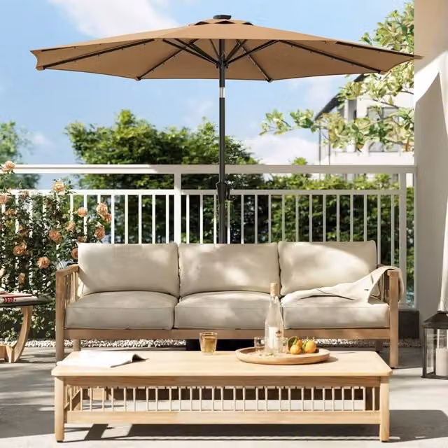 The Bazaarist Solar LED Garden Parasol Umbrella with Crank and Tilt System and UPF 50+ UV Protection in Beige and Brown