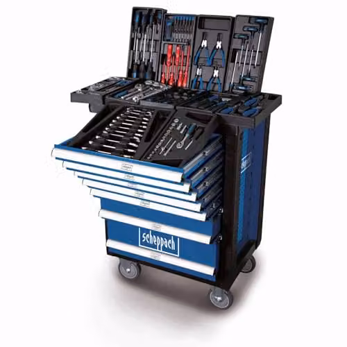 Scheppach TW1000 Workshop Trolley, 7-Drawer Heavy-Duty Steel Tool Chest with 263-Piece Tool Kit, Lockable and Rollable, Blue or Black