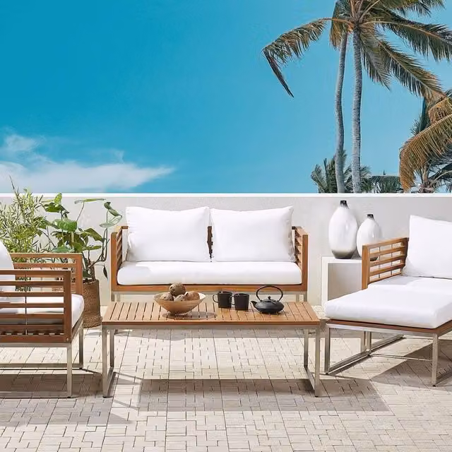Wyld and Coco Everwood 4-Seater Acacia Garden Sofa Set with White Cushions in Brown