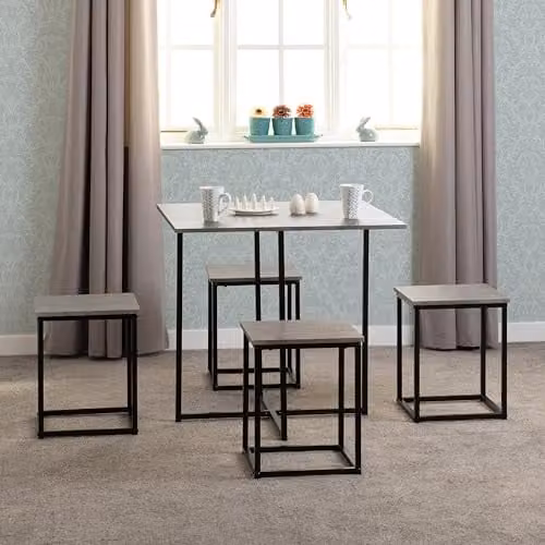 Seconique Kent Stowaway Dining Set in Stone Effect and Black with 4 Stools, W 80 cm x D 80 cm x H 76 cm – 4
