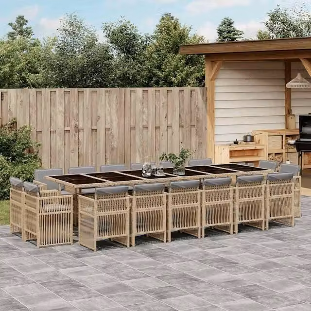 Berkfield Home 17 Piece Modern Poly Rattan Garden Dining Set with Beige Cushions and Glass Tabletop – 1