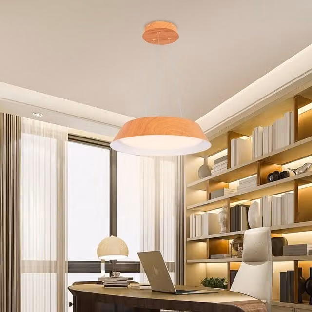 COSTWAY LED Wood and Metal Dome Ceiling Light in Brown with Warm White Light
