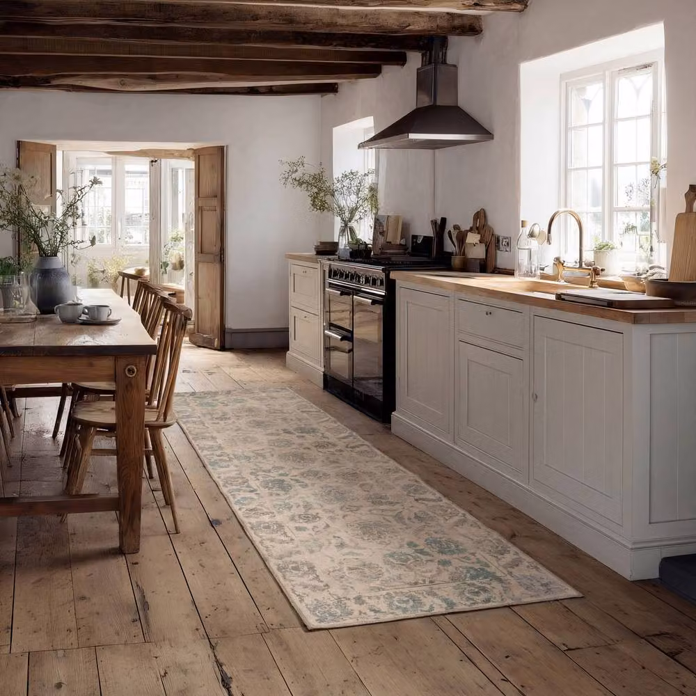 Kukoon Beige and Petrol Teal Floral Washable Rug, W/D/H: 80 x 150 cm – 4
