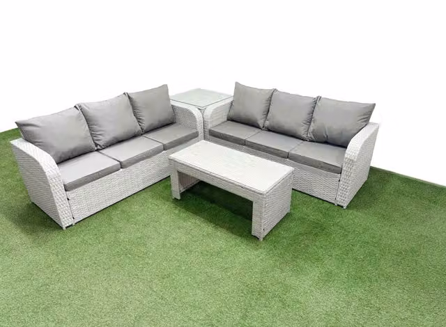 Fimous 6 Seater Rattan Garden Furniture Set with High Back Lounge Sofa, Side Table, Oblong Coffee Table and Weather Resistant Cushions in Light Grey
