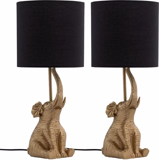 First Choice Lighting Elephant Set of 2 Gold Resin Table Lamps with Black Fabric Shades