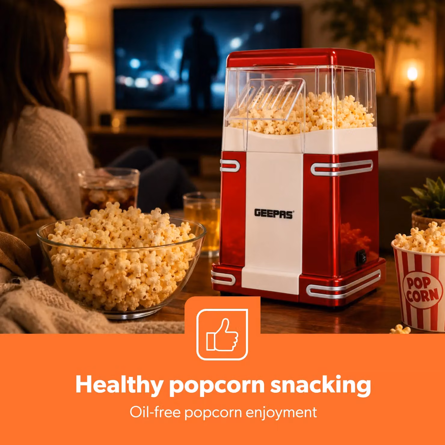 Geepas 1200W Retro Hot Air Fat-Free Popcorn Maker in Red – 3