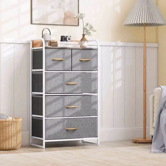 KORVIXA Grey Chest of Drawers with 5 Foldable Drawers, Width: 100 cm