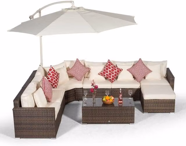 Giardino Santorini 6 Seat Rattan Corner Sofa Set with Large Coffee Table Ottoman in Brown and Grey