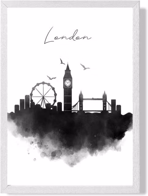 ARTZE London Watercolour Skyline City Framed Print, Black and White, A3