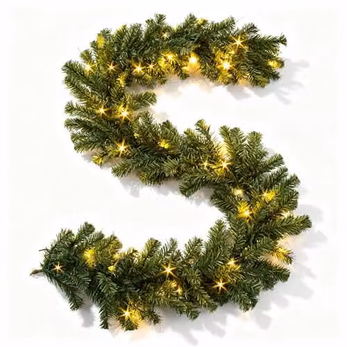 SHATCHI Pre-Lit Artificial Pine Christmas Garland, 2.7m Green Bushy Garland with 70 Warm White LEDs and 8 Light Modes – 1