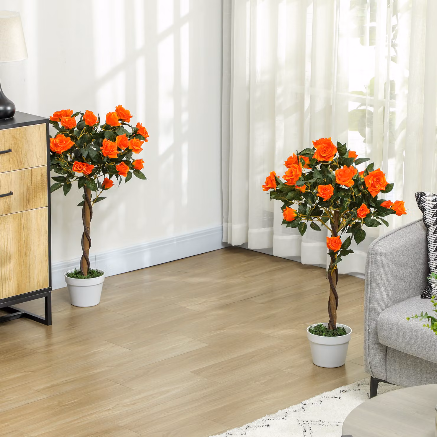 Outsunny Set of 2 Artificial White Rose Floral Plants in Orange Pots, Height: 90 cm – 2