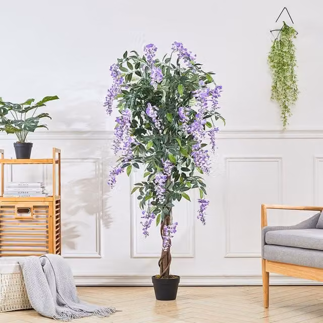 Livingandhome Artificial Realistic Purple Blossom Bean Flower Tree in Black Metal Pot