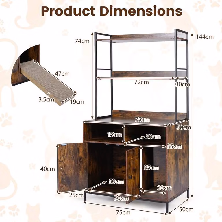 FORGEVIO Industrial Wooden Cat Litter Box Cabinet with Metal Frame, Brown