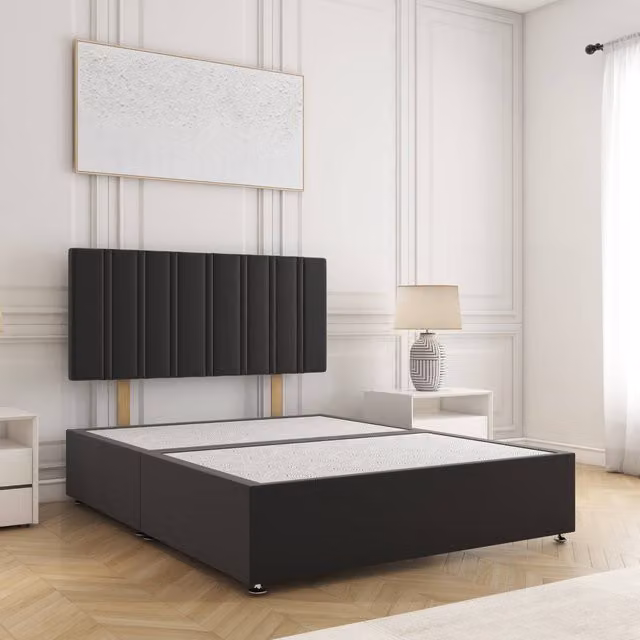 BSSPOKE Sienna King Size Divan Bed with 24 inch Plush Velvet Headboard in Black