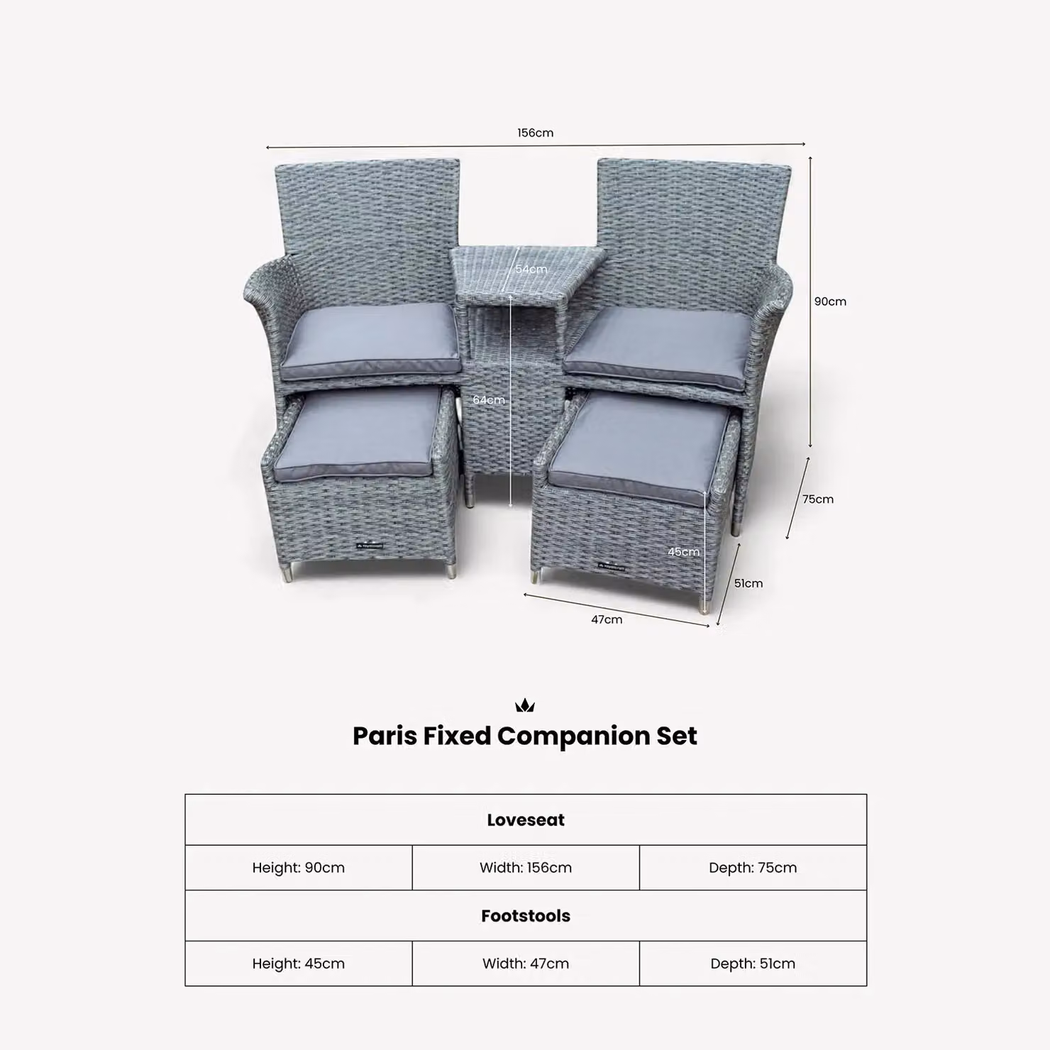 Royalcraft Paris Fixed Companion Set with Matching Ottoman and Weather Resistant Grey Cushions – 3