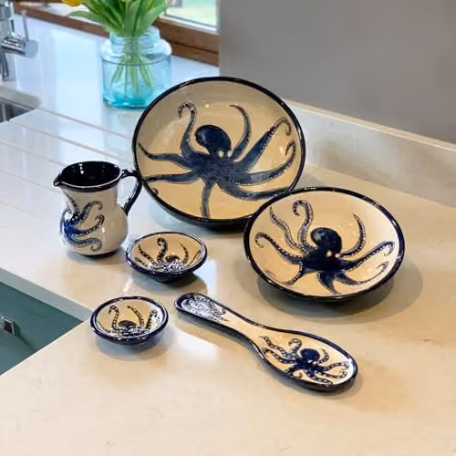 Verano Spanish Ceramics Signature Blue and White Octopus Hand Painted Ceramic Dip Bowls, Set of 2, Diameter: 12 cm – 8