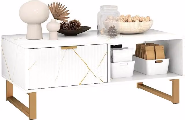 FORGEVIO Rectangular Coffee Table with Drawer and Open Storage in White, Gold and Multicolour Abstract Design – 1