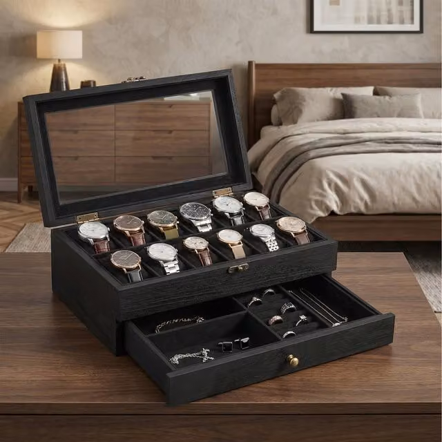 SONGMICS 12 Slot Wooden Watch Box with Glass Lid, Black