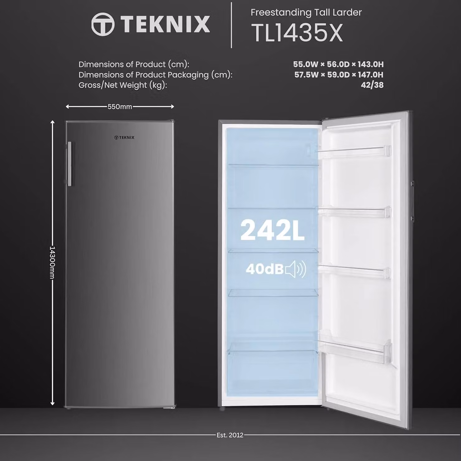Teknix TL1435X 242L Freestanding Larder Fridge in Silver with Inox Finish and F Energy Rating – 3