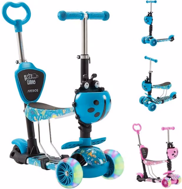 AREBOS Foldable City Kick Scooter with Adjustable Height Handlebar and Seat in Turquoise