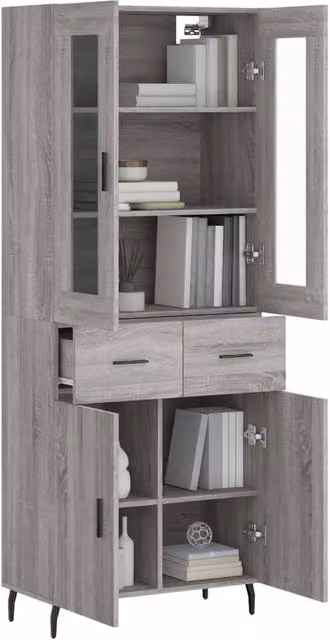 Berkfield Home Grey Sonoma Highboard with Glass and Metal Details, W/D/H: 69.5 x 34 x 180 cm – 1