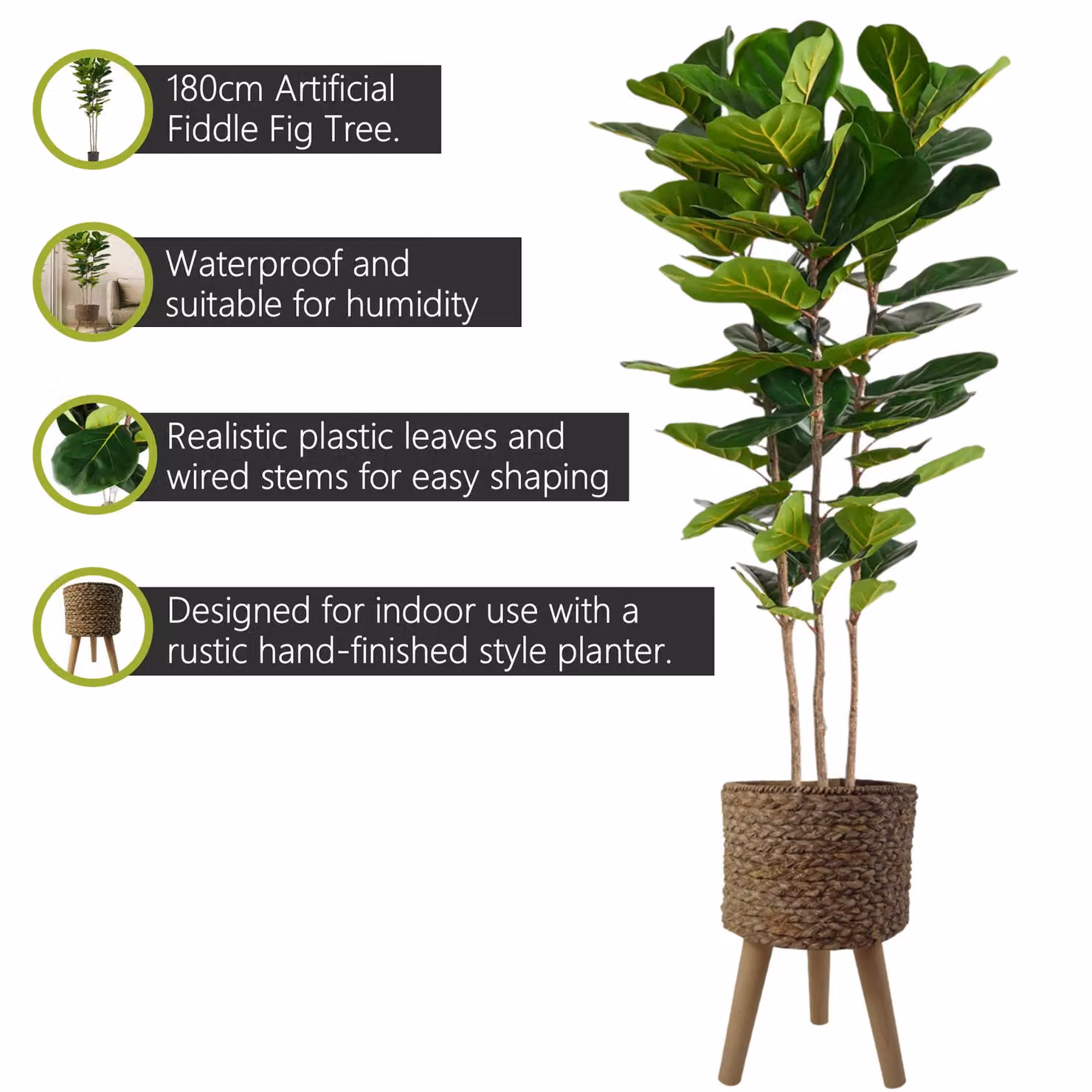 Pegdev 180cm Premium Artificial Fiddle Fig Tree with Woven Effect Planter in Green – 2