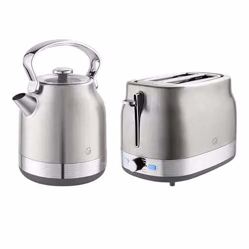 Swan Retro Kitchen Set in Silver Stainless Steel featuring 1.7L Rapid Boil Kettle and 2 Slice Toaster