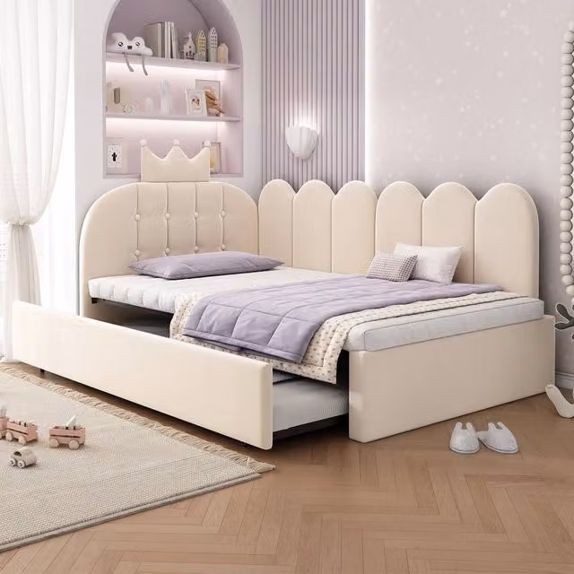 BTM 3ft Single Daybed Trundle Sofa Bed with Upholstered Velvet Frame in Beige, W/D/H: 90 x 190 cm – 1