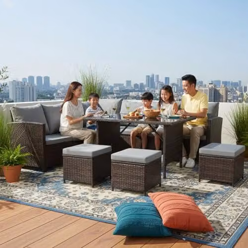 Birchtree 9 Seater L-Shape Rattan Garden Furniture Set with Coffee Table and Ottoman in Brown – 5
