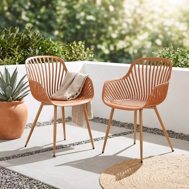 Core Products Pair of Sunray Garden Bistro Armchairs with Wood Effect Legs in Terracotta