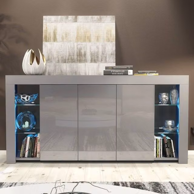 Creative Furniture Eden Sideboard in Grey with Glossy Doors and Integrated LED Lighting, Width: 164 cm