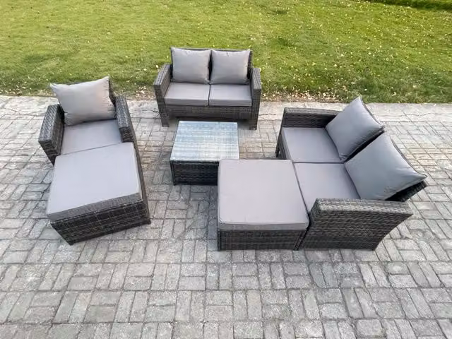 Fimous 7 Seater Rattan Outdoor Garden Furniture Set in Dark Grey with Table and 2 Ottomans