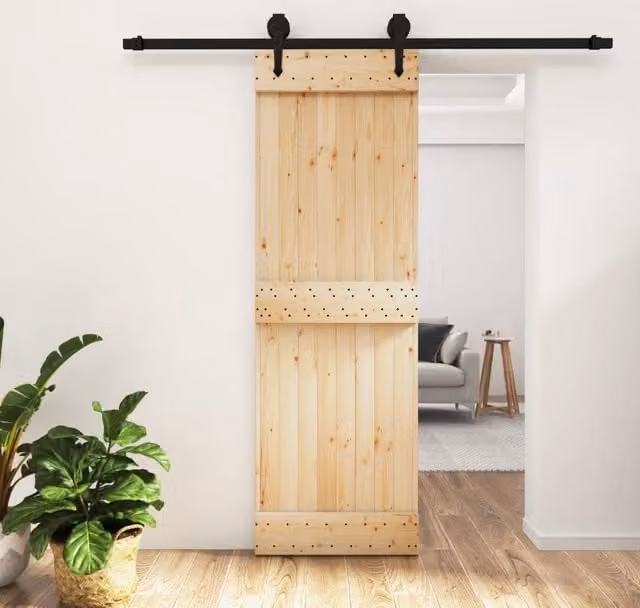 Berkfield Home Modern Sliding Door with Hardware Set, Solid Wood and Steel, Brown, W: 70 cm, H: 210 cm – 1