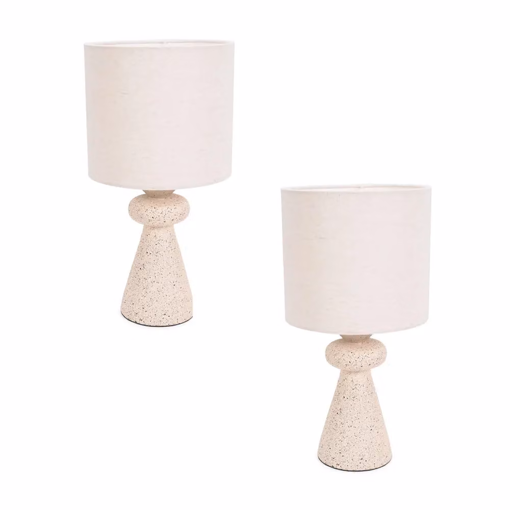 ValueLights Cady Pair of Stone Effect Table Lamps with Fabric Drum Shades in Beige and Grey – 2