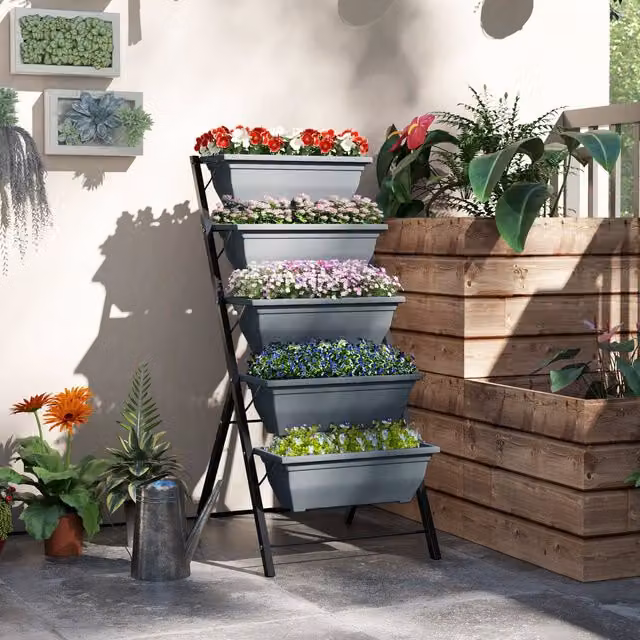 Outsunny 5-Tier Metal Raised Garden Bed and Plant Stand in Grey