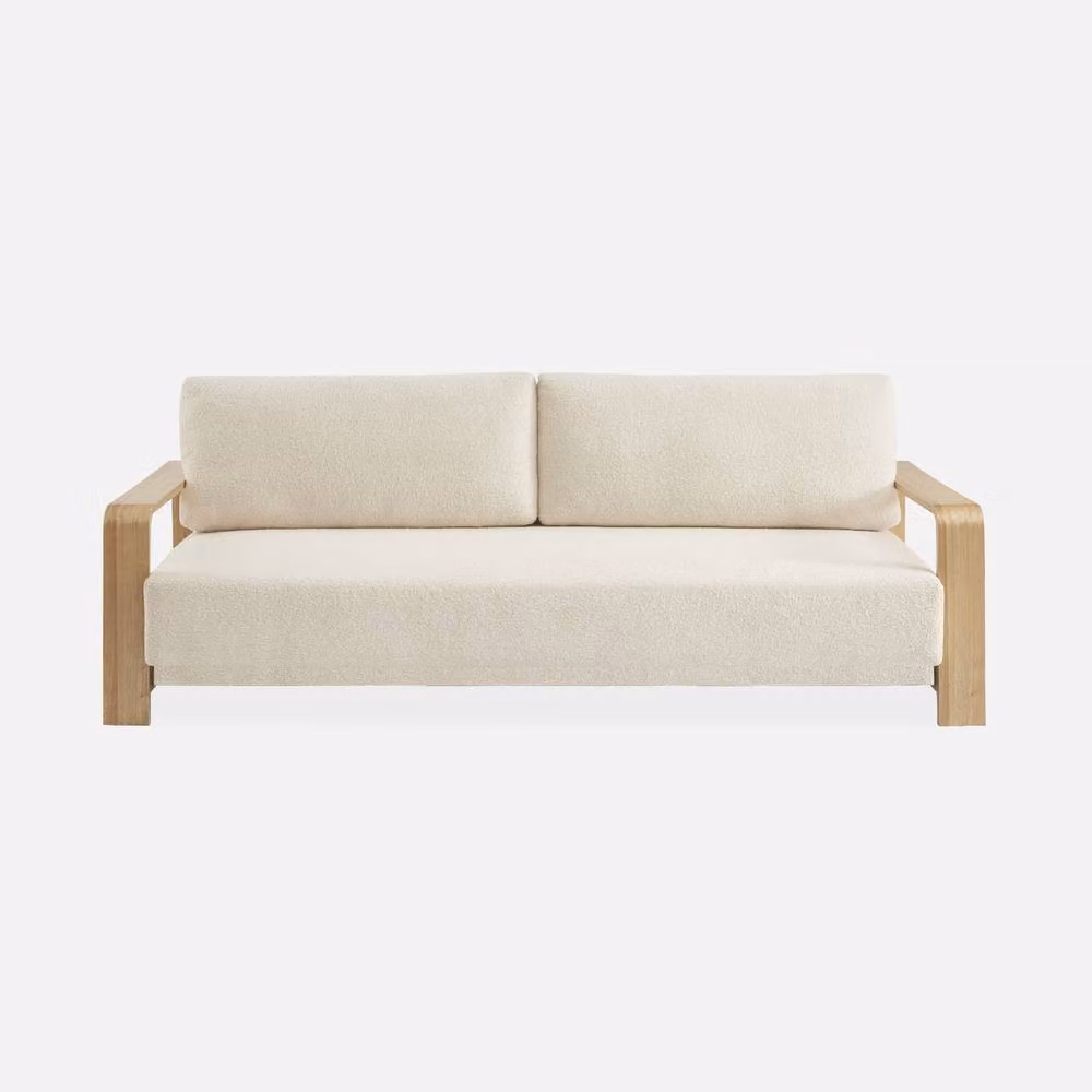 sweeek 3-Seater Sofa Bed in White Boucle with Wooden Armrests, W: 224 cm, D: 85 cm, H: 108 cm – 2