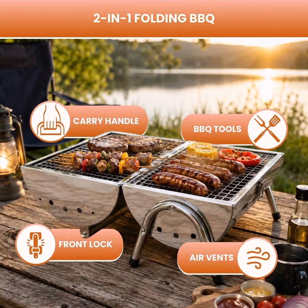 Marco Paul Portable Folding Stainless Steel Charcoal Tabletop BBQ in Silver with BBQ Tool Set, W/D/H: 38 x 30 x 25 cm – 3