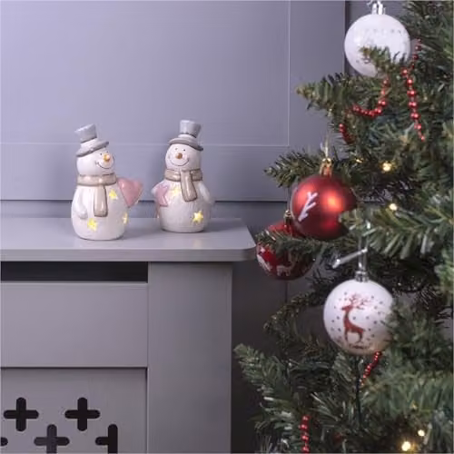 Netagon Ceramic Light Up Christmas Snowmen Tabletop Ornament Set of 2 in White and Multicolour – 3
