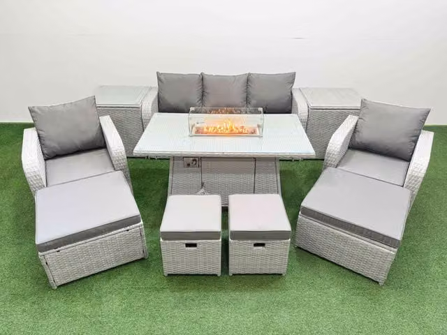 Fimous 9 Seater Rattan Lounge Sofa Set with Metal and Glass Details in Light Grey