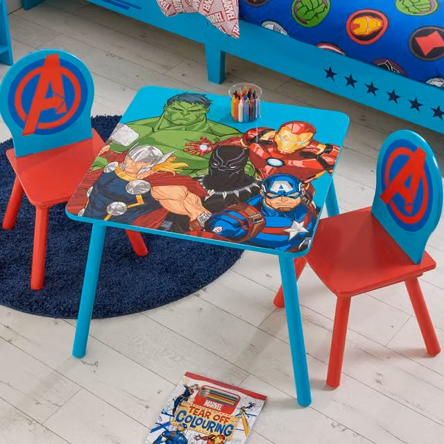 Disney Home Marvel Childrens Table and Chairs Set in Blue and Multicolour