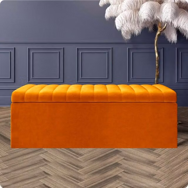 R&M Furnishers Safar Ottoman Storage Box, Striped Plush Velvet Upholstered Blanket Chest in Burnt Orange