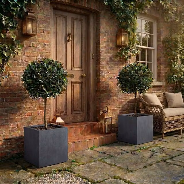 Set of 2 IDEALIST Slate Grey Reinforced Stone Square Garden Planter Tubs, 65L, W/D/H: 40 x 40 x 40 cm