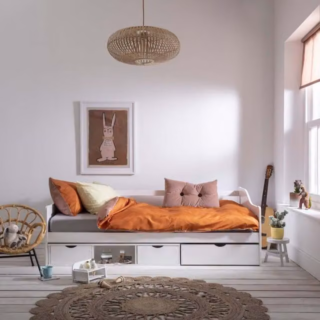 Noa and Nani White Upholstered Scandinavian Day Bed with Pull Out Storage Drawers