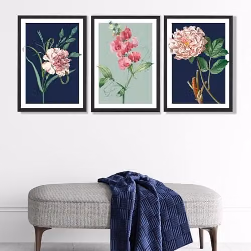 ARTZE Set of 3 Vintage Floral Botanical Wall Art Paper Posters in Blue and Green, W: 29.7 cm x H: 42 cm – 1