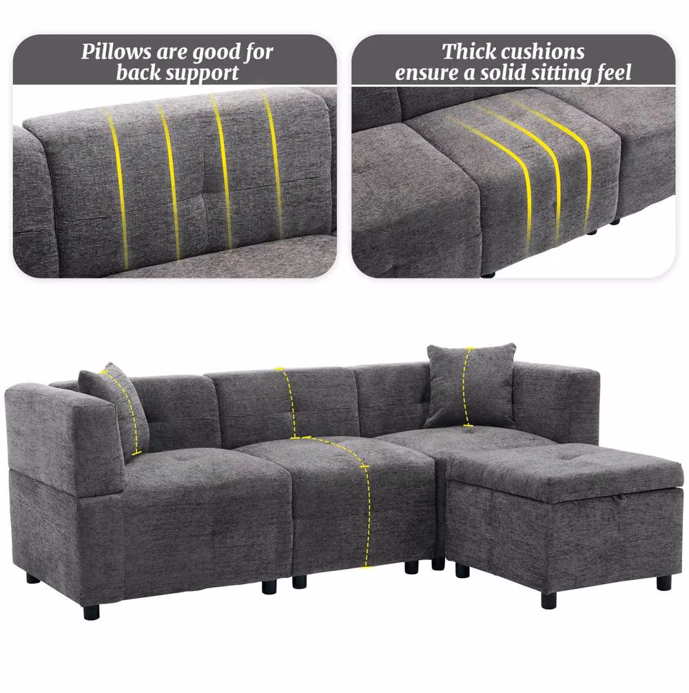 STILVORA Grey 4-Seater Reversible L-Shape Sectional Fabric Sofa with Matching Storage Ottoman and Solid Wood Frame – 5