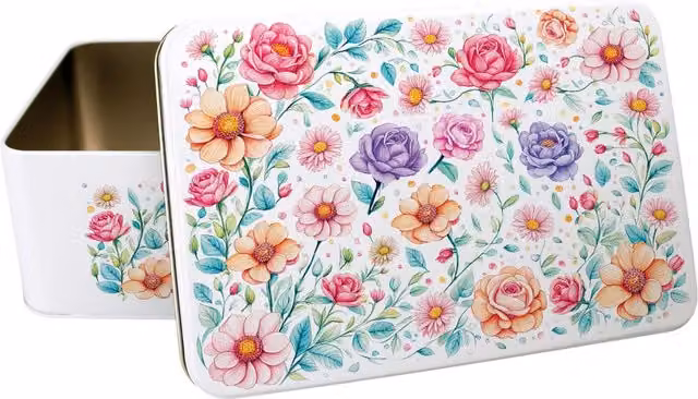 Purely Home Floral Roses Metal Storage Tin in Multicoloured Pink, Purple and Orange