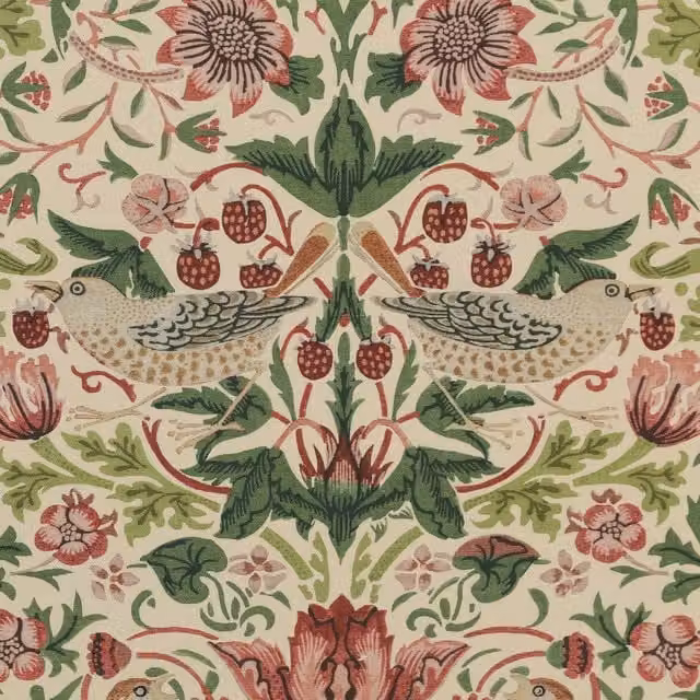 William Morris Strawberry Thief Printed Cotton Fabric in Pink, Green and Multicolour